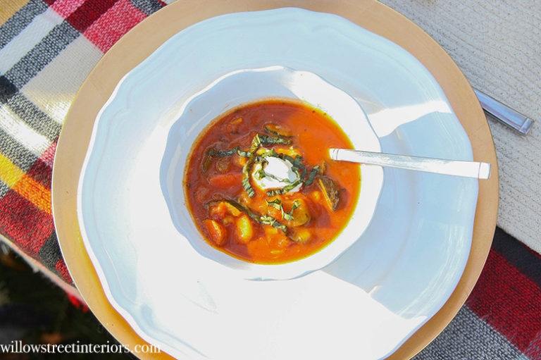smoky vegetable soup with chicken sausage and basi