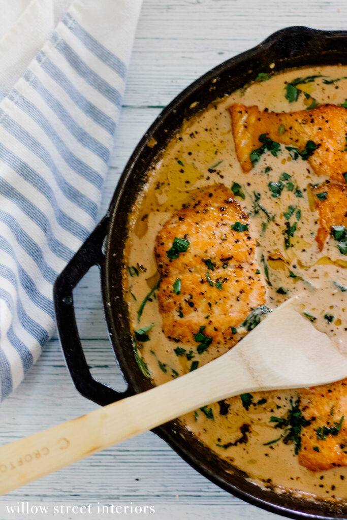 Crispy Salmon with Sherry Tomato Cream Sauce