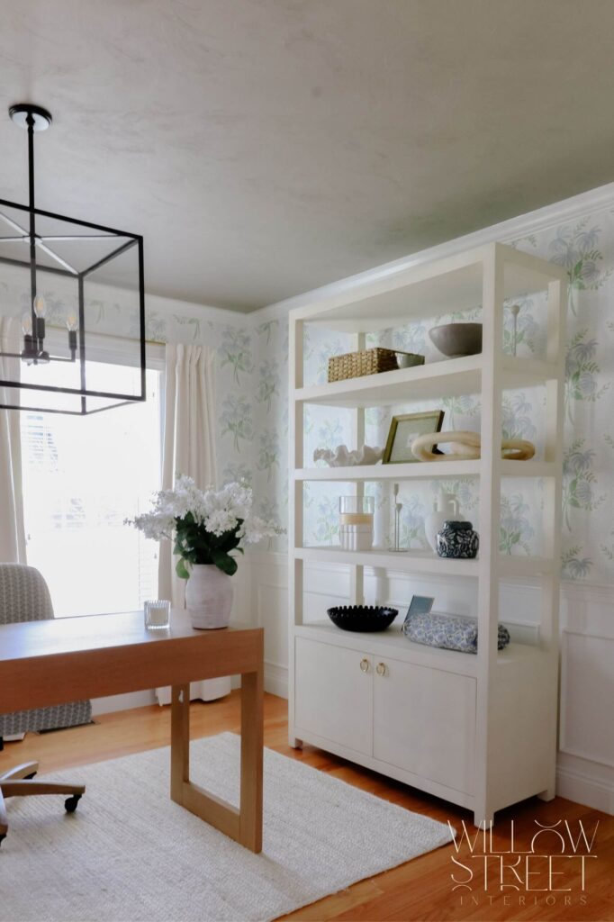 soft and serene home office designed by willow street interiors with muted blues soft greens and white punctuation by rattan and woven pieces