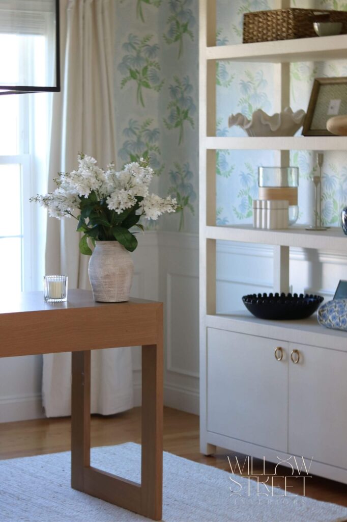 soft and serene home office designed by willow street interiors with muted blues soft greens and white punctuation by rattan and woven pieces