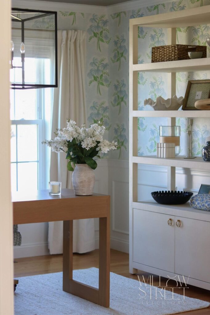 soft and serene home office designed by willow street interiors with muted blues soft greens and white punctuation by rattan and woven pieces