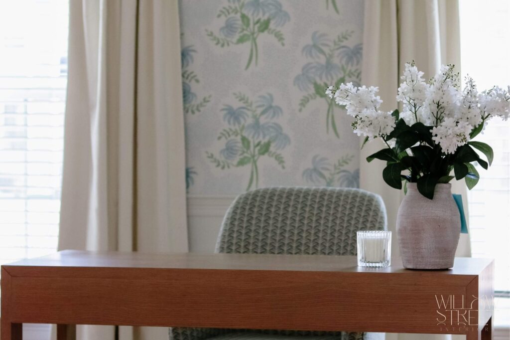 Soft and serene home office in Walpole Massachusetts design by willow street interiors