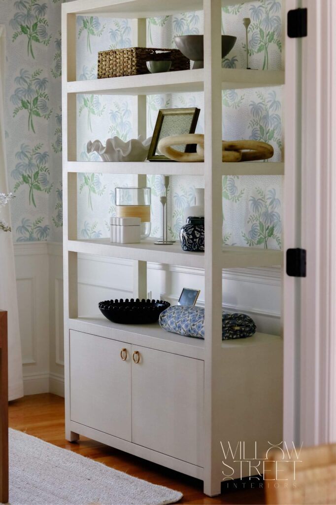 soft and serene home office designed by willow street interiors with muted blues soft greens and white punctuation by rattan and woven pieces