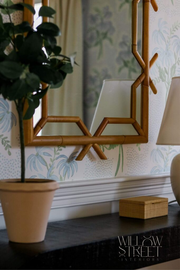 soft and serene home office designed by willow street interiors with muted blues soft greens and white punctuation by rattan and woven pieces